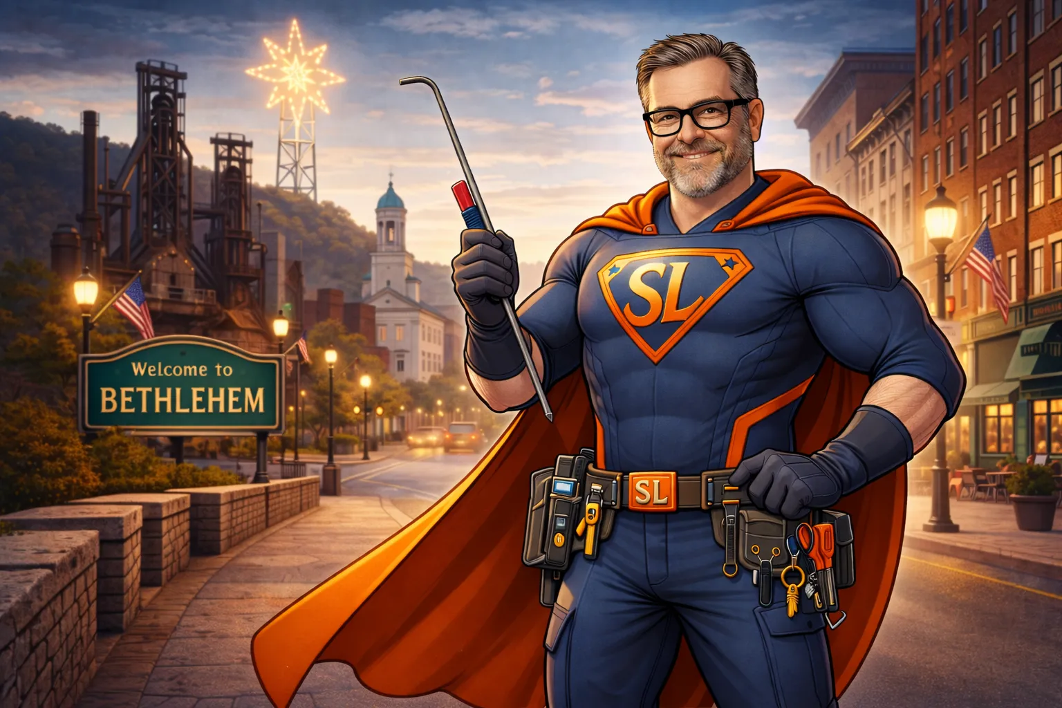Bethlehem PA locksmith superhero illustration – Sprouse's Locksmith anti-scam branding