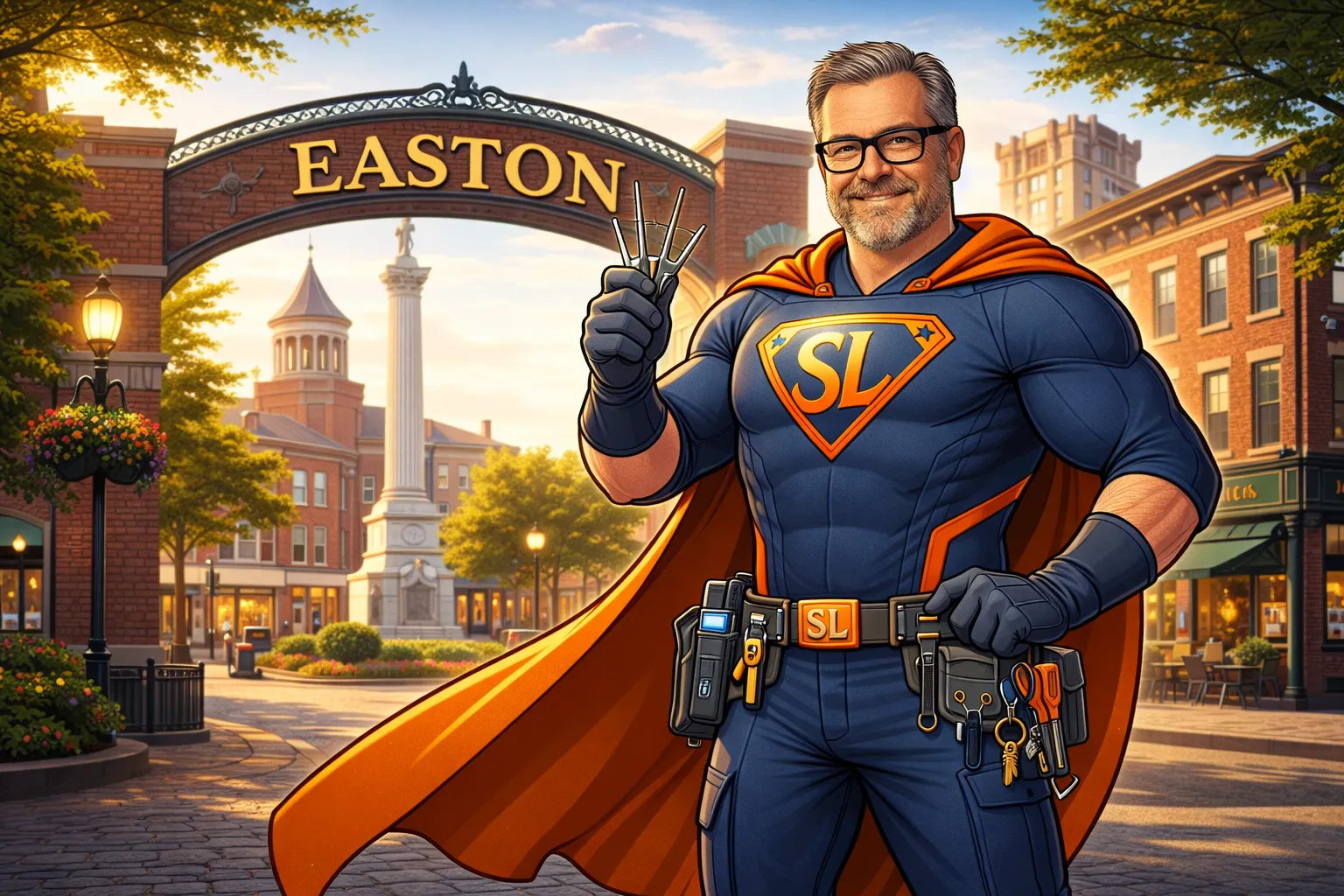 Easton PA locksmith superhero illustration – Sprouse's Locksmith anti-scam branding