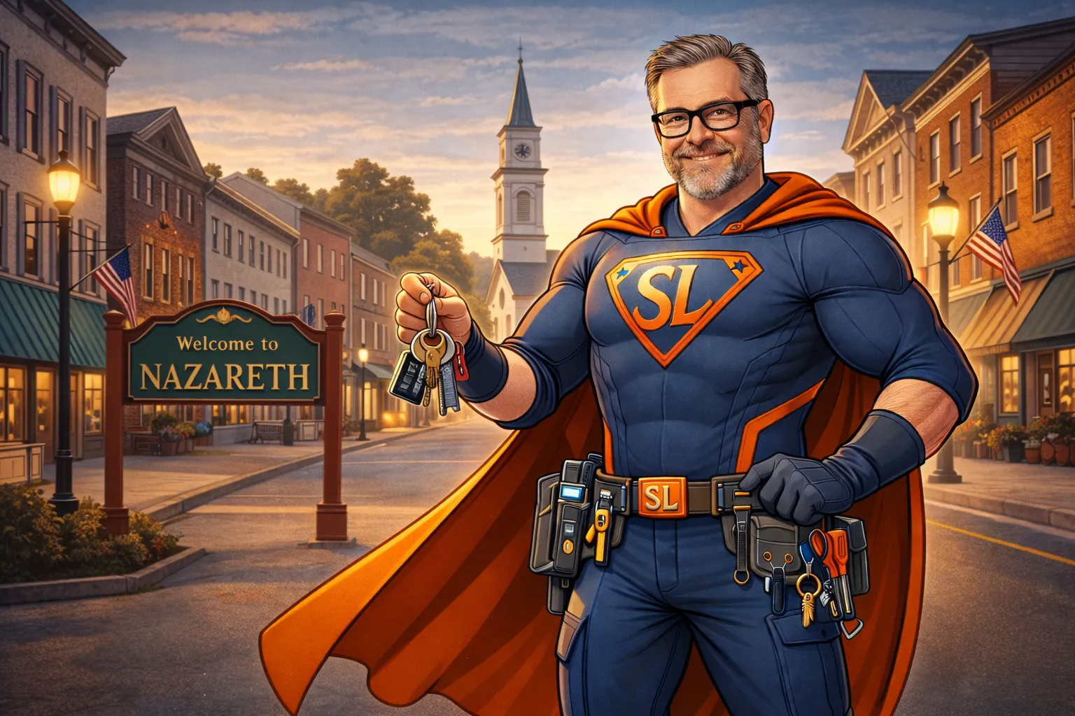 Nazareth PA locksmith superhero illustration – Sprouse's Locksmith anti-scam branding