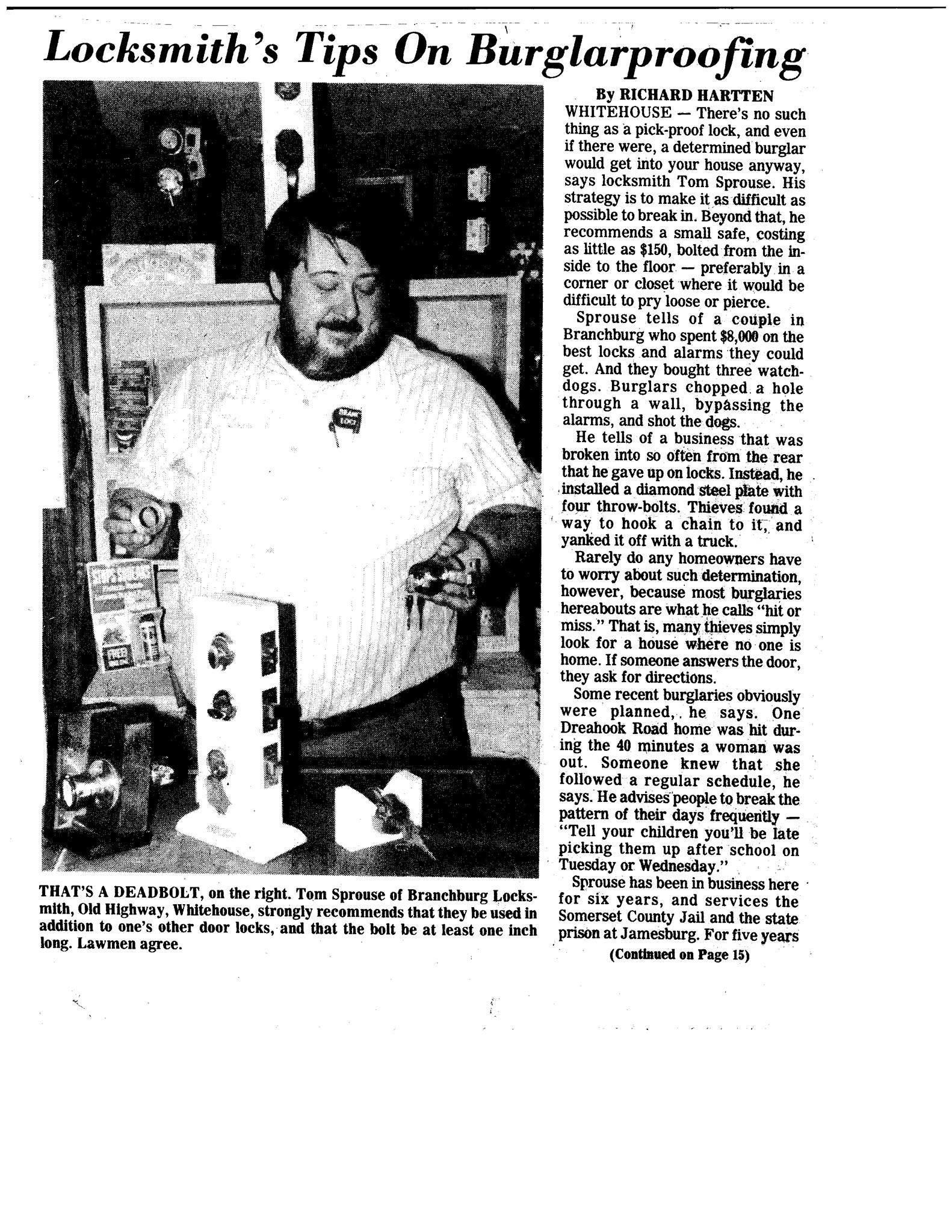 Newspaper article featuring Tom Sprouse - Locksmith's Tips On Burglaryproofing (Part 1)