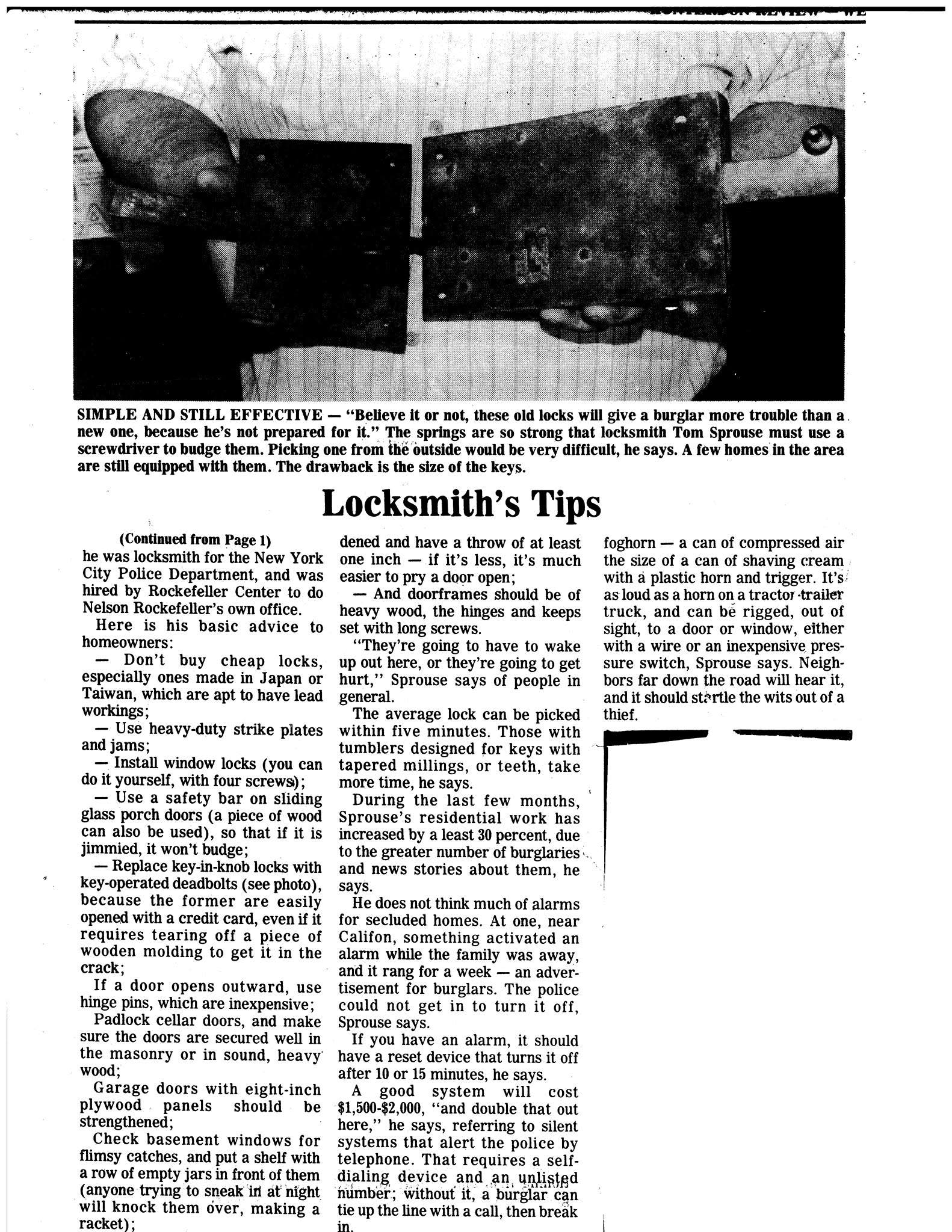 Newspaper article featuring Tom Sprouse - Locksmith's Tips On Burglaryproofing (Part 2)