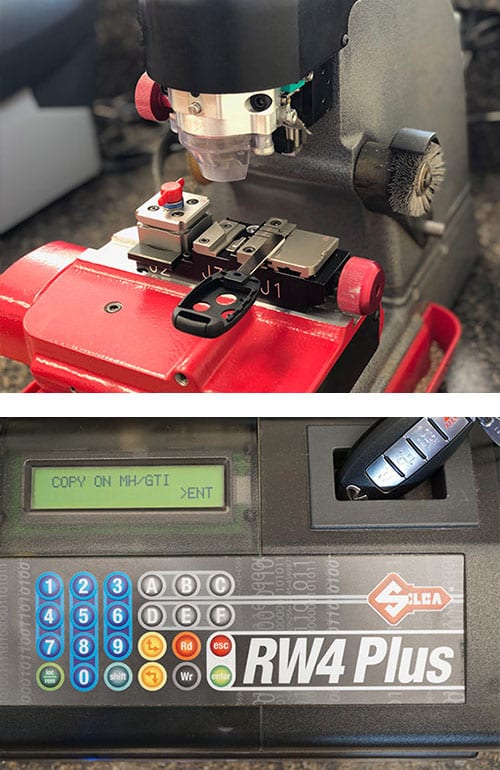 image of a car key being cut on a laser cutter (top) and a new fob being programmed (bottom).