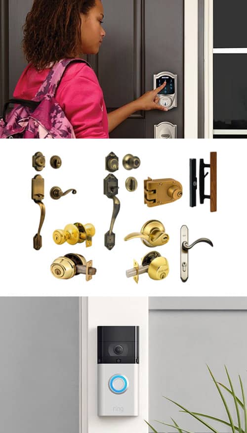 image of a young woman using a Schlage Smart Lock on her home's front door (top), a variety of home door hardware (middle), and a Ring video doorbell (bottom).